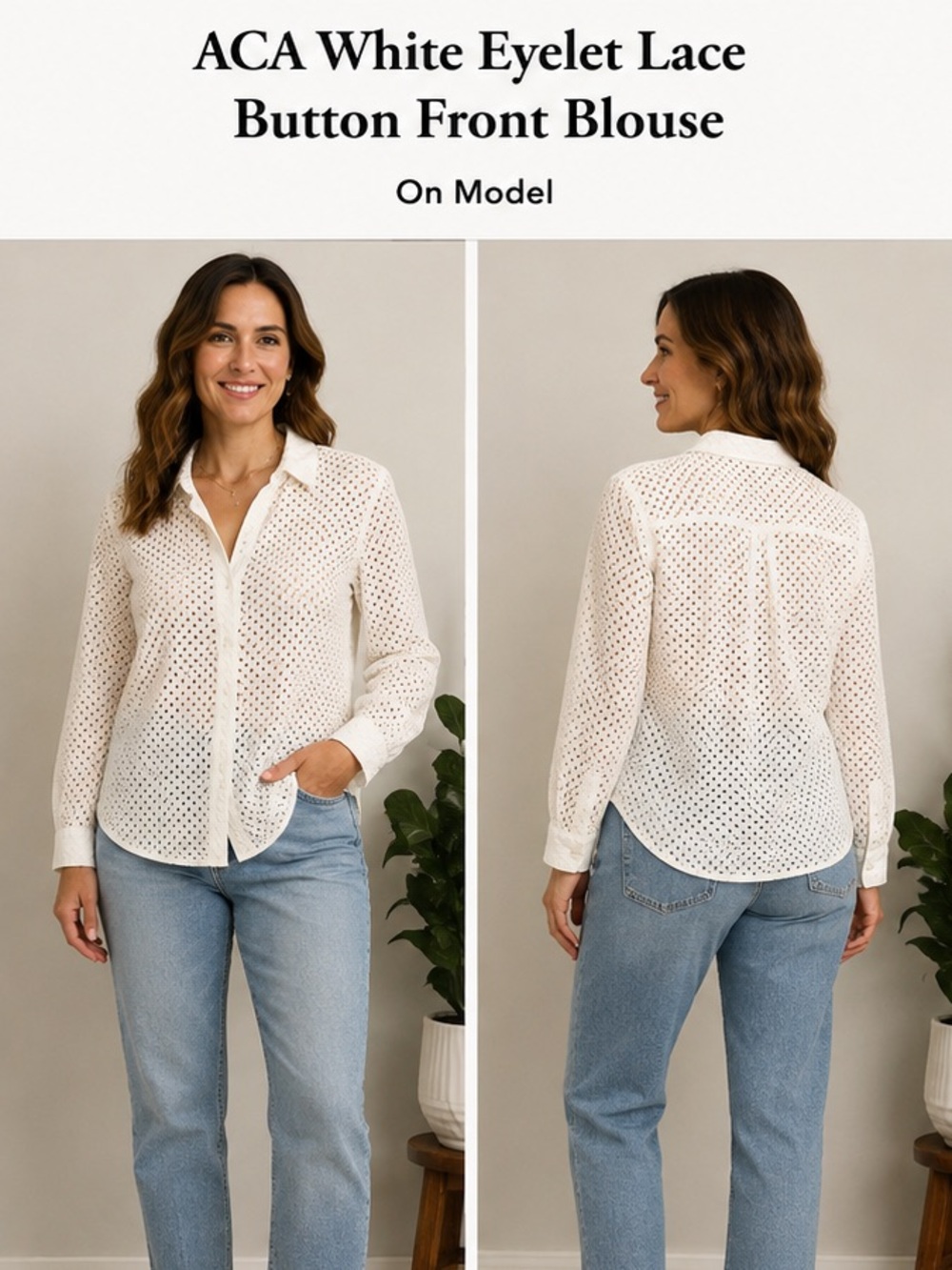ACA White Eyelet Lace button front blouse